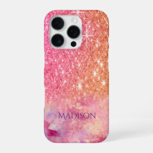 Funda Para iPhone 16 Pro Moda rosa oscuro purpurina rosa rubor monograma