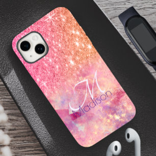 Funda Para iPhone 14 Moda rosa oscuro purpurina rosa rubor monograma