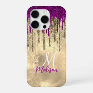 Funda Para iPhone 16 Pro Moda rosado caliente purpurina púrpura goteo de or
