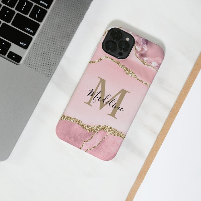 Funda Para iPhone Moda Rubor Agate rosa Geode Gold Script Monograma (Subido por el creador)
