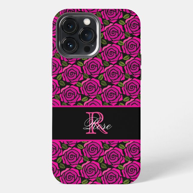 Funda Para iPhone Modern Girly Hot Pink Roses Custom Name Monogram  (Reverso )