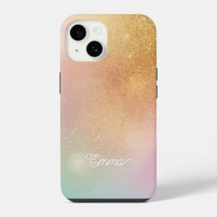 Funda Para iPhone 14 Modern Glitter Holographic Gold with Name