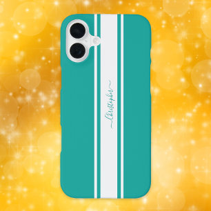 Funda Para iPhone 16 Plus Modernas bandas Verde azuladas de Carreras blanca