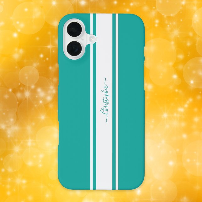 Funda Para iPhone Modernas bandas Verde azuladas de Carreras blanca  (Modern Teal White Racing Stripes Monogrammed Chic iPhone Case)