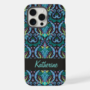Moderno Damask Art Deco Black Turquoise Blue Name
