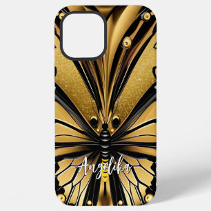 Funda Para iPhone 12 Pro Max Monarca Mariposa Nombre Personalizado Oro y Negro