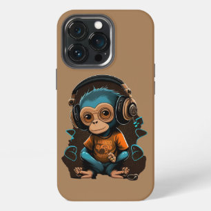 Funda Para iPhone 13 Pro Mono lindo escuchando música, mono inmerso en la m