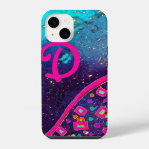 Funda Para iPhone 14 MONOGRAMA ABSTRACTO DECO AZUL TURQUESA FUCsia ROSA
