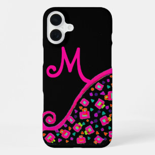Funda Para iPhone 16 Plus MONOGRAMA ABSTRACTO NEGRO FUCsia ROSA