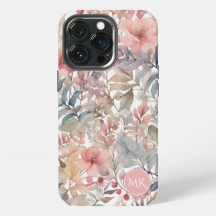 Funda Para iPhone 13 Pro Monograma acuarela floral de flor silvestre rosa v