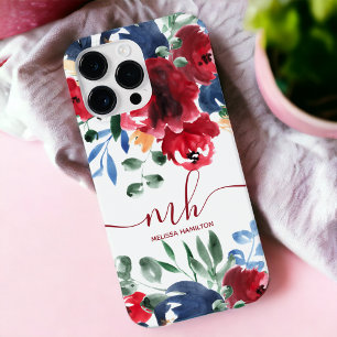 Funda Para iPhone 13 Pro Max Monograma acuarela floral elegante rojo rústico az
