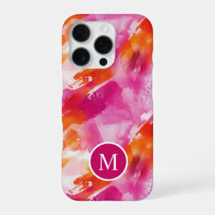 Funda Para iPhone 16 Pro Monograma Acuarela Rosa Naranja Abstracto