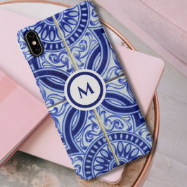 Funda Para iPhone XS Max Monograma azul + blanco de mosaico mediterráneo