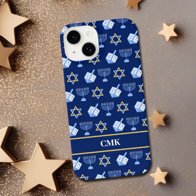 Funda Para iPhone Monograma azul Cute Hanukkah Dreidel Menorah (Subido por el creador)