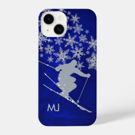 Funda Para iPhone 14 Monograma azul del esquiador de nieve cuesta abajo