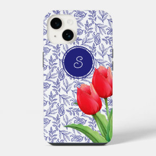 Funda Para iPhone 14 Monograma azul floral elegante de tulipanes rojos 