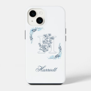 Funda Para iPhone 14 Monograma azul inicial "H" Floral