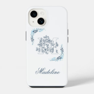 Funda Para iPhone 14 Monograma azul inicial "M" Floral