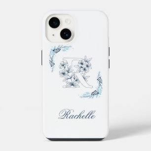 Funda Para iPhone 14 Monograma azul inicial "R" Floral de calm
