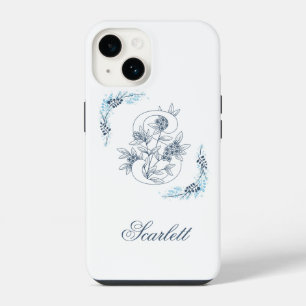 Funda Para iPhone 14 Monograma azul inicial "S" Floral