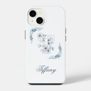 Funda Para iPhone 14 Monograma azul inicial "T" Floral de calabaza