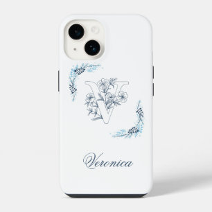Funda Para iPhone 14 Monograma azul inicial "V" Floral