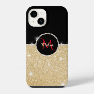 Funda Para iPhone 14 Monograma Black & Pearl Purpurina de oro falso de