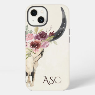 Monograma Boho Floral Skull en fondo crema
