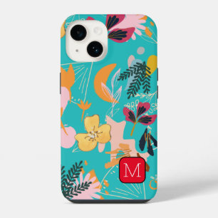 Funda Para iPhone 14 Monograma Borde atractivo Patrón floral Azul