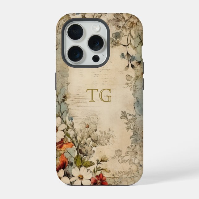 Funda Para iPhone Monograma botánico artesanal de Grunge (Reverso )