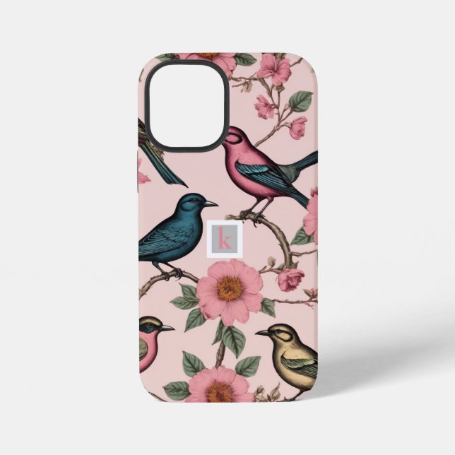 Funda Para iPhone Monograma botánico de aves florales rosadas (Reverso )