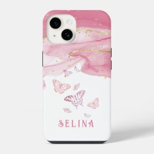 Funda Para iPhone 14 Monograma chic moderno de purpurina rosa