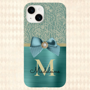 Funda Para iPhone 14 Monograma con aspecto de textil azul turquesa cepi