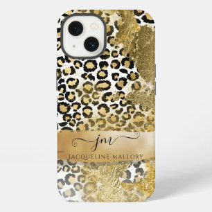 Monograma con estampado de leopardo brillante dora