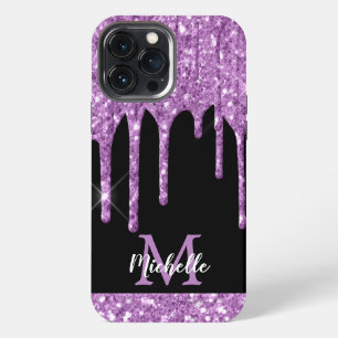 Funda Para iPhone 13 Pro Max Monograma con gotas de purpurina lila moderna