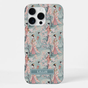 Funda Para iPhone 16 Pro Max Monograma con patrón de Geisha Sakura Japonesa