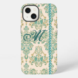 Monograma Damask Turquesa, Perlas Falsas iPhone 13