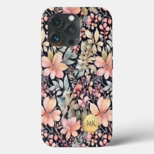 Funda Para iPhone 13 Pro Monograma de acuarela floral rosa negro y dorado e