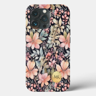 Funda Para iPhone 13 Pro Monograma de acuarela floral rosa negro y dorado e