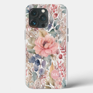 Funda Para iPhone 13 Pro Monograma de acuarela floral rosada de Rubor rusti