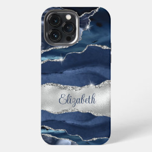 Funda Para iPhone 13 Pro Max Monograma de Ágata Moderno Azul Marino y Plata