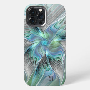 Funda Para iPhone 13 Pro Max Monograma de arte fractal de mariposa azul verde a