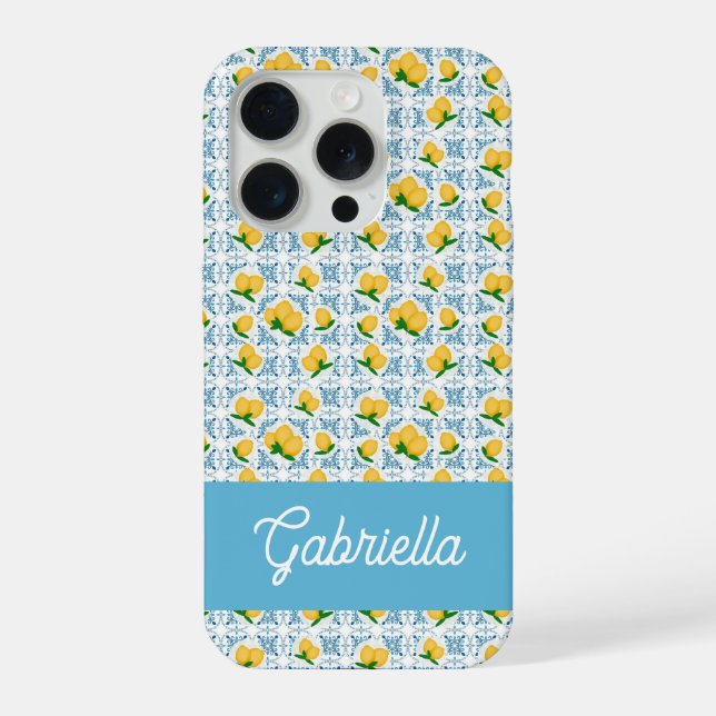 Funda Para iPhone Monograma de baldosas azules y limones de estilo f (Reverso )