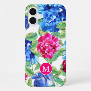 Funda Para iPhone 16 Plus Monograma de Bonito floral azul y rosa brillante