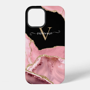 Funda Para iPhone 12 Monograma de brillo de ágata oro rosa