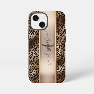 Funda Para iPhone 13 Mini Monograma de Bronce Negro con Estampado de Leopard