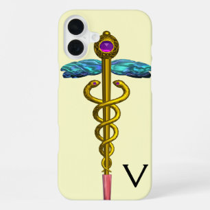 Funda Para iPhone 16 Plus MONOGRAMA DE CADUCEO DE ORO,Blanco
