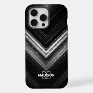 Monograma de Chevron de plata metálica neón negro 