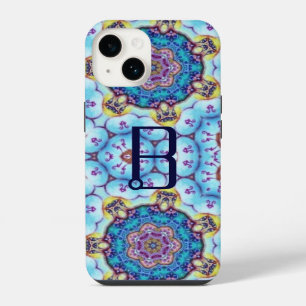 FUNDA PARA iPhone 14 MONOGRAMA DE CÍRCULOS FRACTALES AZUL ROSA