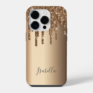 Funda Para iPhone 14 Pro Monograma de cobre goteo de purpurina de bronce